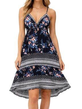 Jealous Tomato Boho Floral Sundress Black Blue Crisscross Spaghetti Strap Size S